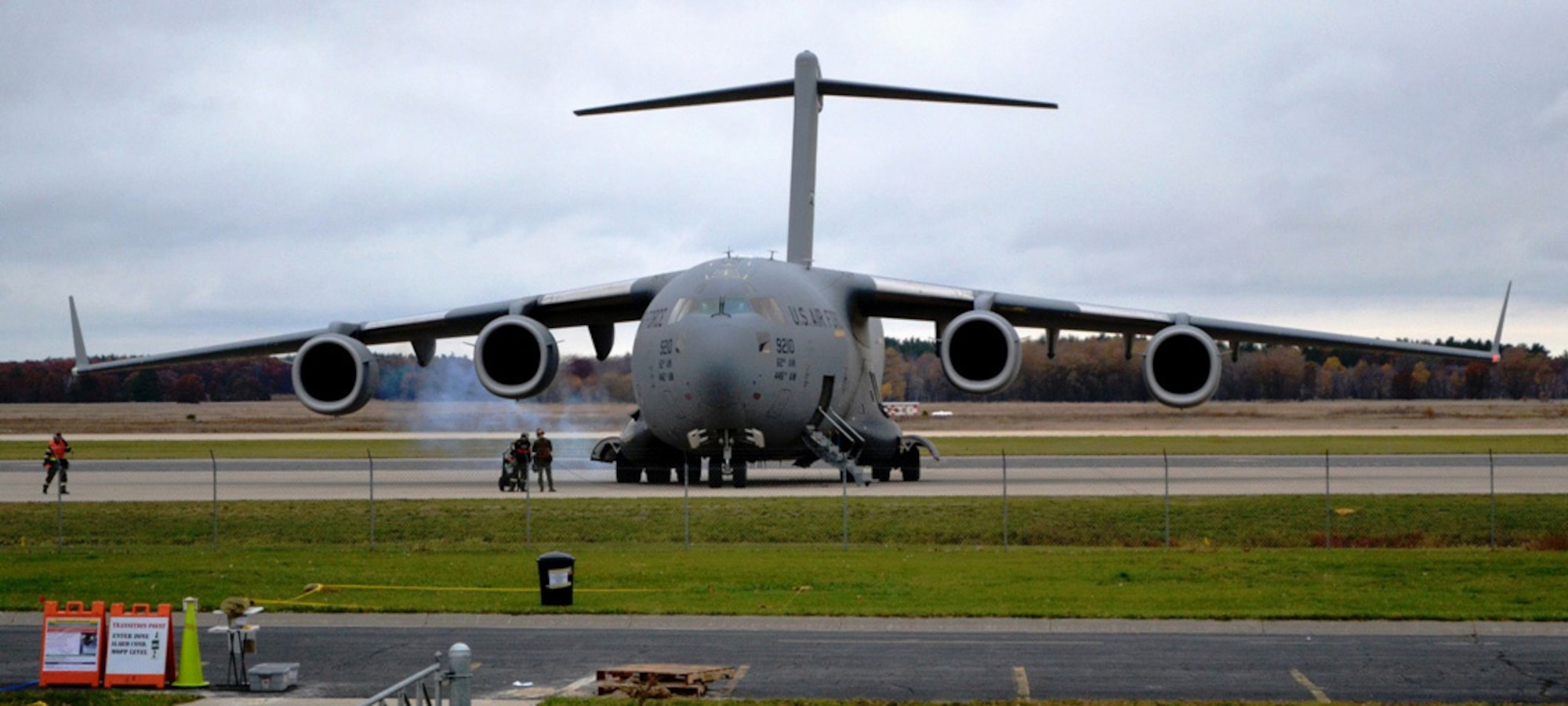 A C-17 Globemaster III awaits its next mission on the tarmac during an Operational Readiness Inspection at Volk Field Combat Readiness Training Center, Wis., Oct. 13-20.  Team McChord deployed 13 C-17s and crucial expeditionary combat support to successfully accomplish the mission requirements during the inspection.  (Courtesy photo)