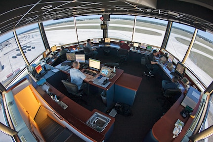 (From left to right) Andrew Lisius, Daniel Lewis, Jason Coody, David White, and Robert Calderon, 12th Operations Support Squadron, oversee daily flight operations from the east tower Aug. 14 at Joint Base San Antonio-Randolph. (U.S. Air Force photo by Benjamin Faske)