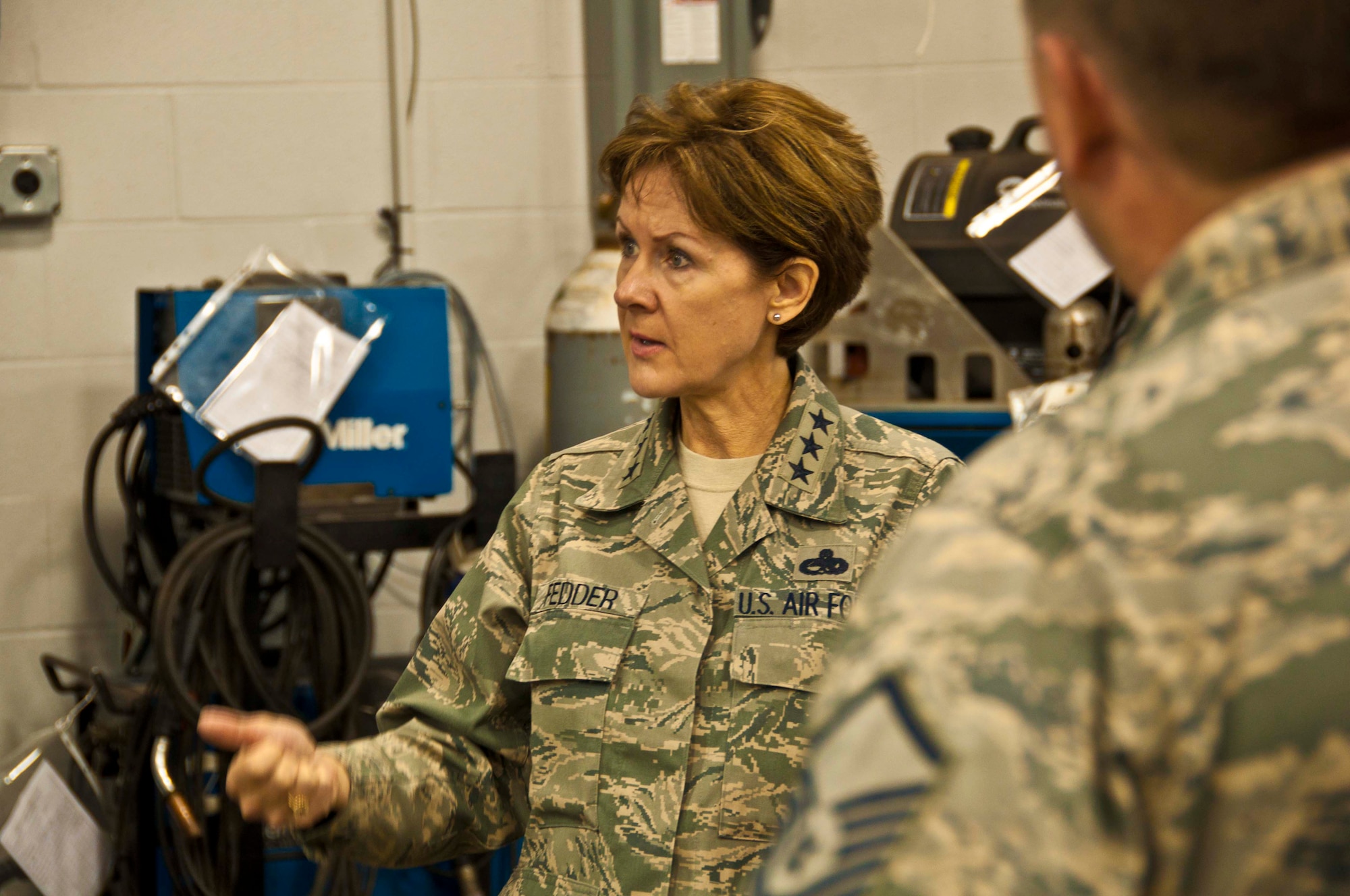 U.S. Air Force Lt. Gen. Judith Fedder, Deputy Chief of Staff for Logistics, Installations & Mission Support makes a point to Airmen of the 307th Maintenance Squadron during a visit to Barksdale Air Force Base, La., Nov. 3, 2012.  Through her discussion with Reservists, Fedder gained a better understanding of the challenges and opportunities they face.  She congratulated the Airmen on their commitment and reinforced the idea of how important their role is in Total Force Integration. (U.S. Air Force photo by Staff Sgt. Ted Daigle/Released)