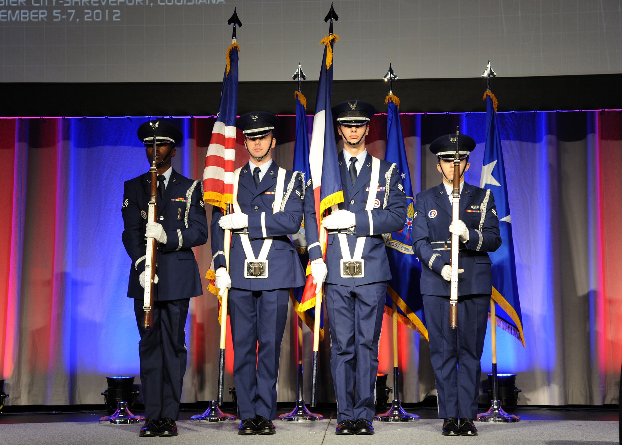 SHREVEPORT, La.– Barksdale Air Force Base Honor Guard post the colors of the U.S. flag and France flag during the Air Force Global Strike Command Technology and Innovation Symposium Nov. 6. The symposium, co-hosted by the Cyber Innovation Center, is being held in conjunction with the Global Strike Challenge competition and is an opportunity to develop relationships and exchange ideas with Industry and Academia that support the command. (U.S. Air Force photo by Airman 1st Class Joseph A. Pagán Jr.)(RELEASED)