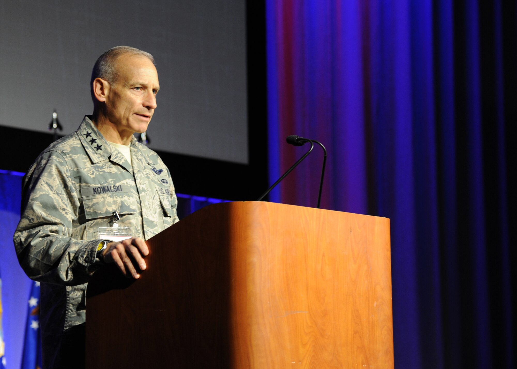 SHREVEPORT, La. - Lt. Gen. Jim Kowalski, Air Force Global Strike Command commander, provides opening remarks during the AFGSC Technology and Innovation Symposium Nov. 6. The symposium, co-hosted by the Cyber Innovation Center, is being held in conjunction with the Global Strike Challenge competition and is an opportunity to develop relationships and exchange ideas with Industry and Academia that support the command. (U.S. Air Force photo by Airman 1st Class Joseph A. Pagán Jr.)(RELEASED)