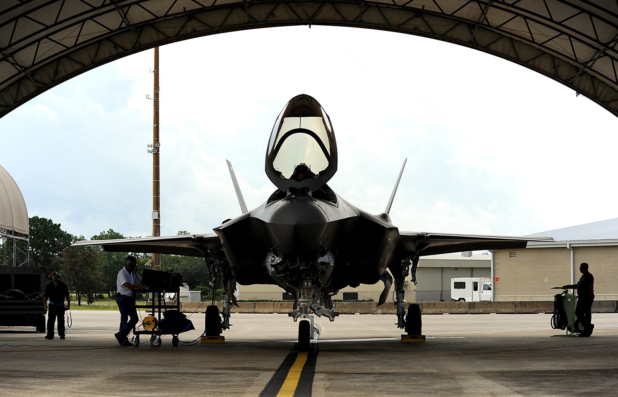 F-35A Lightning II joint strike fighter maintainers from the 58th Aircraft Maintenance Unit at Eglin Air Force Base, Fla., preflight the jet before taking off for a local training mission over the Emerald Coast Sept. 18, 2012.  (U.S. Air Force photo/Master Sgt. Jeremy T. Lock)