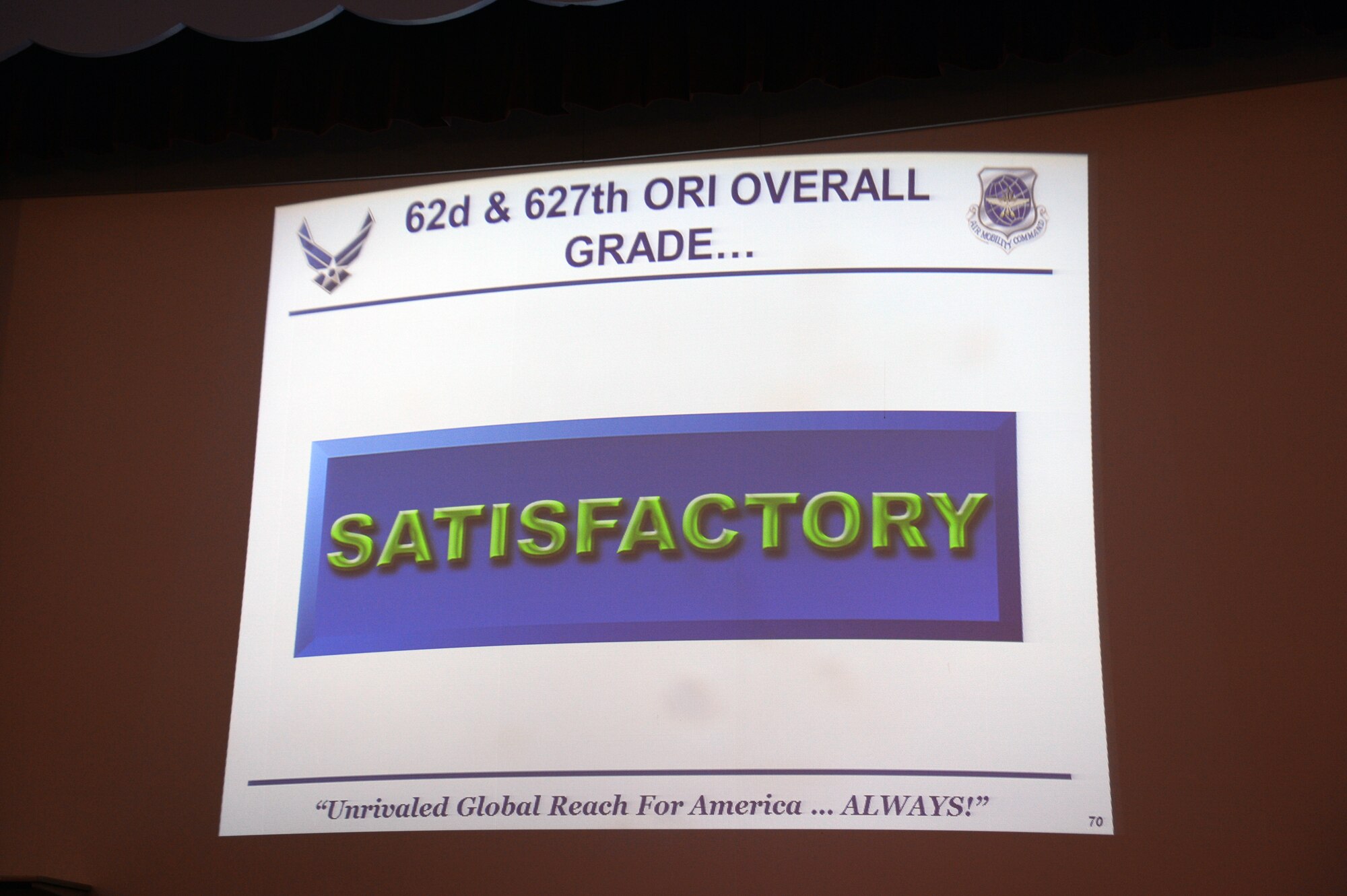 The 62nd Airlift Wing and 627th Air Base Group earned an overall grade of satisfactory during an Operational Readiness Inspection outbrief Nov. 5, 2012 at Joint Base Lewis-McChord, Wash. The ORI took place Oct. 13 to 20 at the Volk Field Combat Readiness Training Center, Wis. (U.S. Air Force photo/Master Sgt. Todd Wivell)