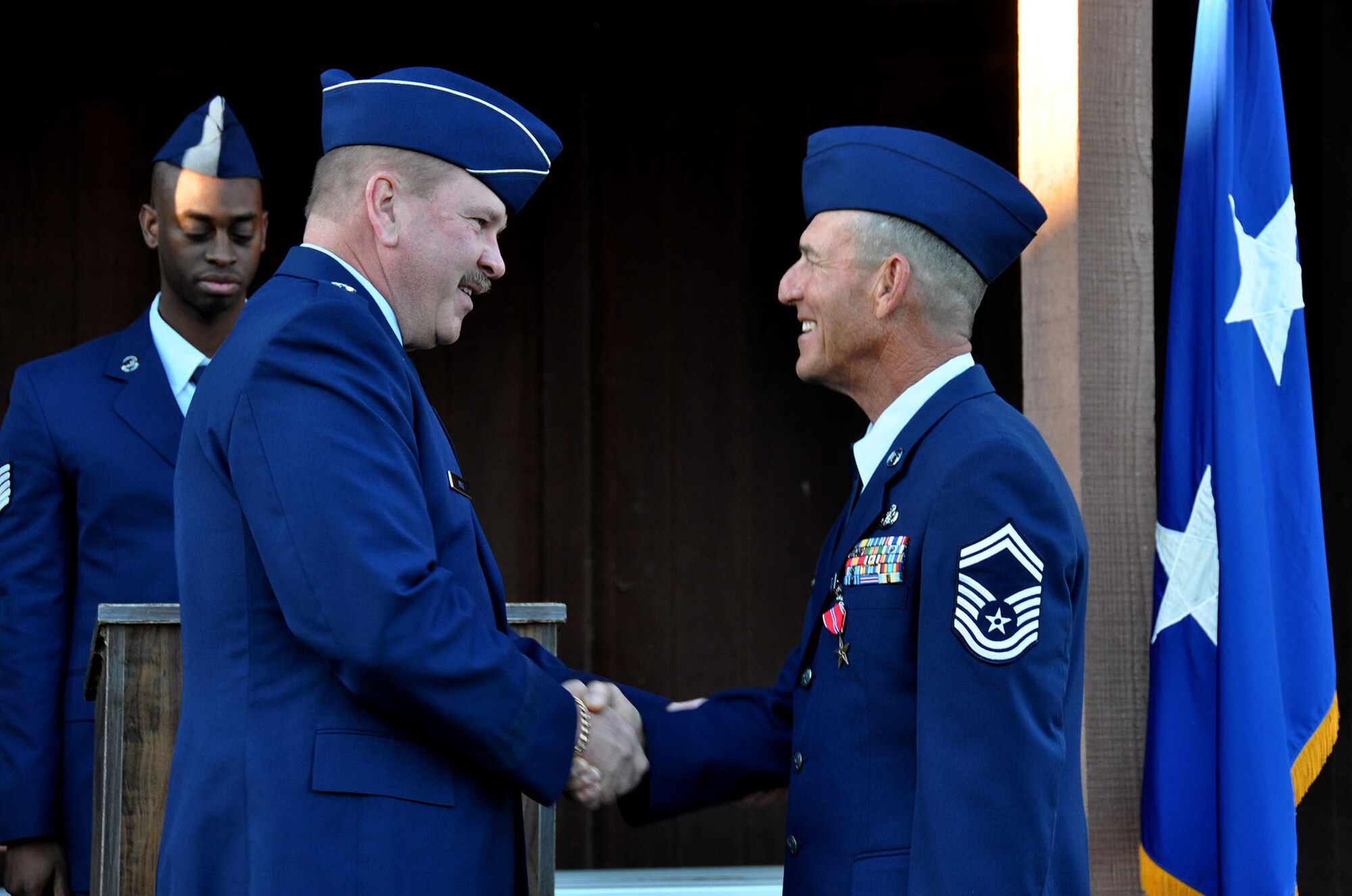 TRAVIS AIR FORCE BASE, Calif. -- Senior Master Sgt. Daniel L. Hazeltine, 349th Civil Engineer Squadron, was awarded the Bronze Star Medal for meritorious service during a pin-on ceremony held on Nov. 4, 2012 here at Travis Air Force base. Hazeltine was pinned by Maj. Gen. Mark A. Kyle, Commander, 4th Air Force, March AFB. (U.S. Air Force photo / Senior Airman Amelia Leonard)