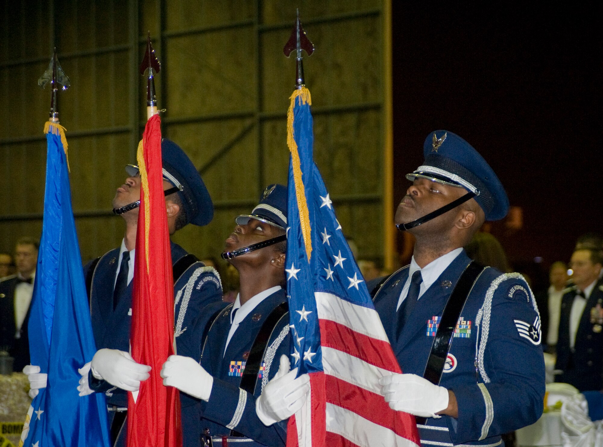 Members of the 39th Air Base Wing honor guard post the colors during the Formal Dining-Out ceremony Nov. 3, 2012, at Incirlik Air Base, Turkey. Formal military dinners are a tradition in all branches of the U.S. armed forces, and the dining-out represents one of the most formal aspects of Air Force social life. The ceremony gives commanders an opportunity to meet and socialize with their subordinates in a professional environment. (U.S. Air Force photo by Senior Airman Anthony Sanchelli/Released)

