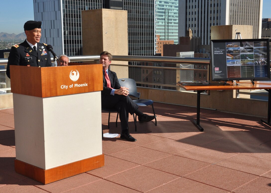 PHOENIX - Col. Mark Toy, the  U.S. Army Corps of Engineers Los Angeles District commander speaks during the award presentation for the Chief of Engineers Award of Excellence for Environmental Design held at Phoenix City Hall. Toy presented awards for work done at the Tres Rios Environmental Restoration Project, Phase II Flow Regulating and Overbank Wetlands to the City of Phoenix; Archer-Western Contractors, Ltd.; Jacobs Engineering Group, Inc.; and the USACE team in the Arizona-Nevada Area Office. 