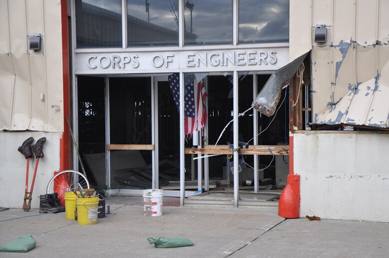 New York District's Caven Point Marine Terminal suffered extensive damages during Hurricane Sandy, as seen here just by the entrance. Despite the destruction of the main marine facility, New York District personnel have continued to support missions to support safe navigation of the New York and New Jersey Harbor, including working with the U.S. Coast Guard to conduct hydrographic surveys to map the safest routes for shipping and other vessels and through drift collection vessels working to clear tons of drift and debris from Hurricane Sandy that could be hazardous to navigation. (photo by Chris Gardner, New York District public affairs, Nov. 2, 2012)