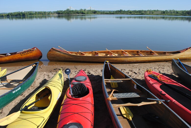 Kayaks’ and canoes’ line the shore of the Mississippi River at the Riverlands Migratory Bird Sanctuary in West Alton, MO.