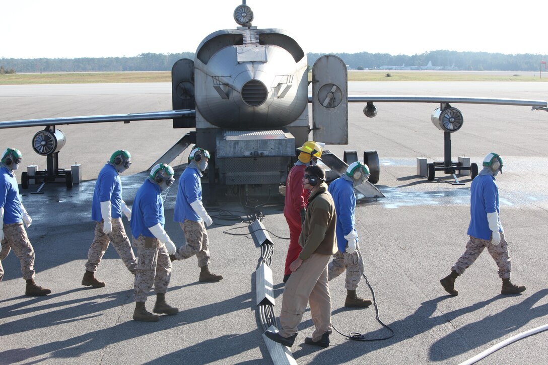 Marine Medium Tiltrotor Squadron 266 Re-enforced Marinesmove into position to begin shipboard firefighting training on the mobile aircraft fire training device outside the Cherry Point Aircraft Rescue and Fire Fighting fire house Nov. 2.  The MAFTD simulates a controlled aircraft fire, ensuring a safe training environment for Marines students.