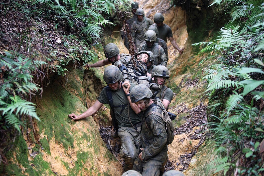 Marines maneuver through jungle terrain with a simulated casualty during the endurance course at the Jungle Warfare Training Center at Camp Gonsalves Oct. 30. The purpose of the endurance course is to develop Marines’ ability to maneuver and fight through the jungle while strengthening unit cohesion. The Marines are with 2nd Battalion, 3rd Marine Regiment, which is currently assigned to 4th Marines, 3rd Marine Division, III Marine Expeditionary Force. 