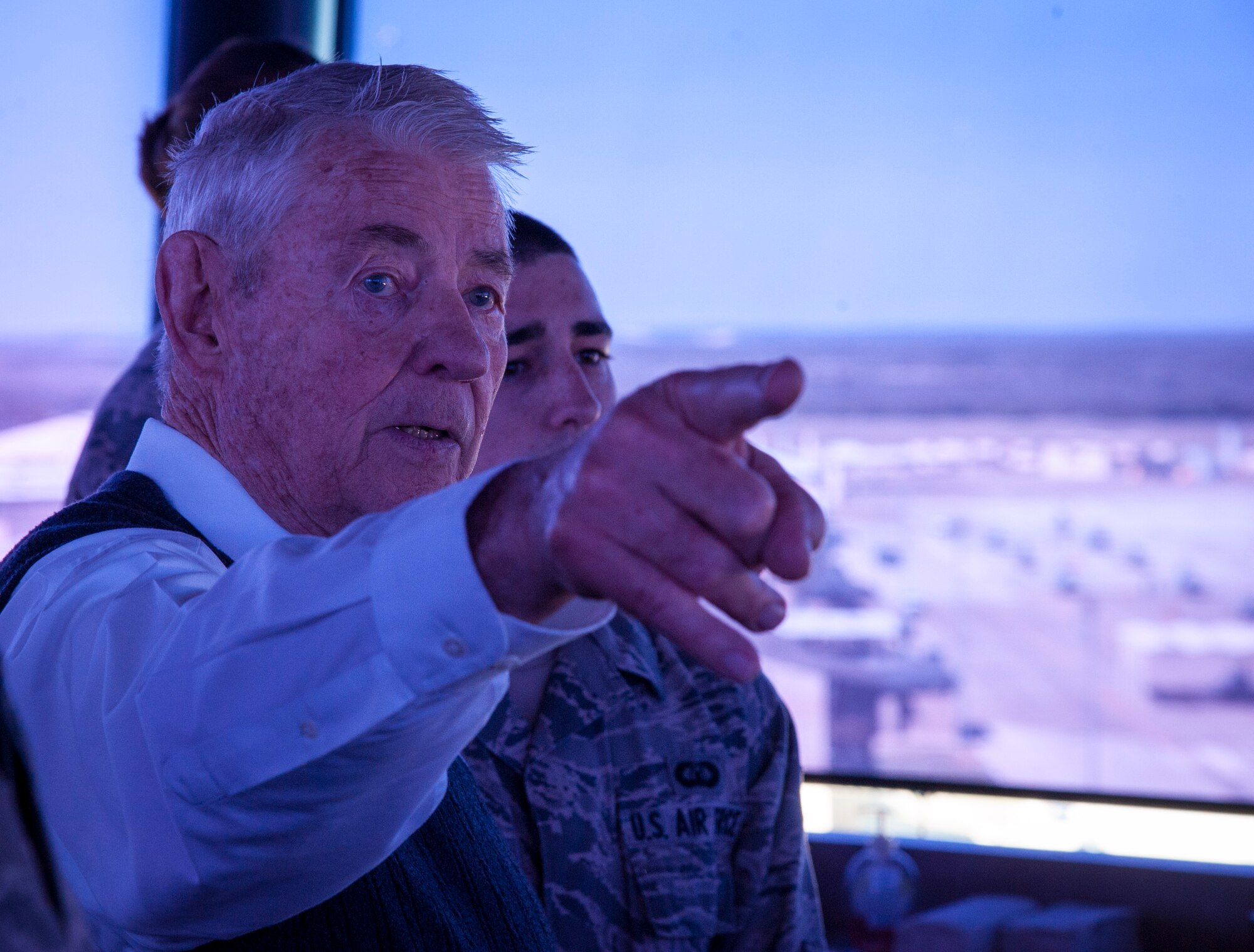 Retired Chief Master Sgt. Robert D. Gaylor, former Chief Master Sgt. of the Air Force, views Laughlin’s flight lines from the base control tower while touring the 47th Operations Support Squadron at Laughlin Air Force Base, Texas, Nov. 6, 2012. Gaylor spoke with the base’s enlisted population to give advice and share his experiences from his time serving in the Air Force. (U.S. Air Force photo/Airman 1st Class Nathan Maysonet)    