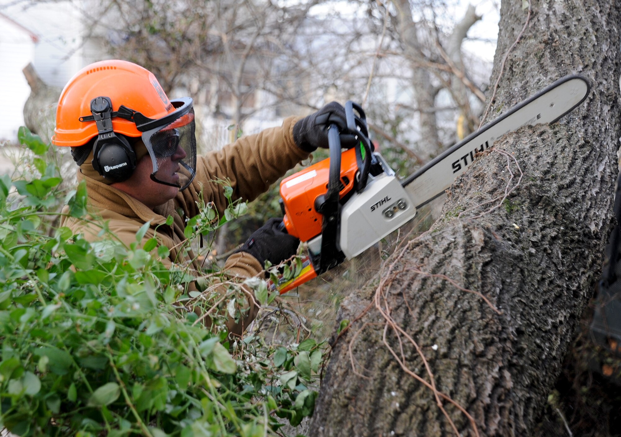 JOINT BASE MCGUIRE-DIX-LAKEHURST, N.J. — Petty Officer 3rd Class Jackson Bain, Naval Mobile Construction Battalion 11 construction electrician, saws through a fallen tree Nov. 6, 2012, at Seaside Heights, N.J. NMCB-11, deployed from the Naval Construction Battalion Center in Gulfport, Miss., deployed to New Jersey to assist in Hurricane Sandy relief efforts. The unit is no stranger to hurricane relief due to its location on the Gulf Coast. Bain hails from Shelbyville, Tenn. (U.S. Air Force photo by Airman 1st Class Ryan Throneberry/Released)