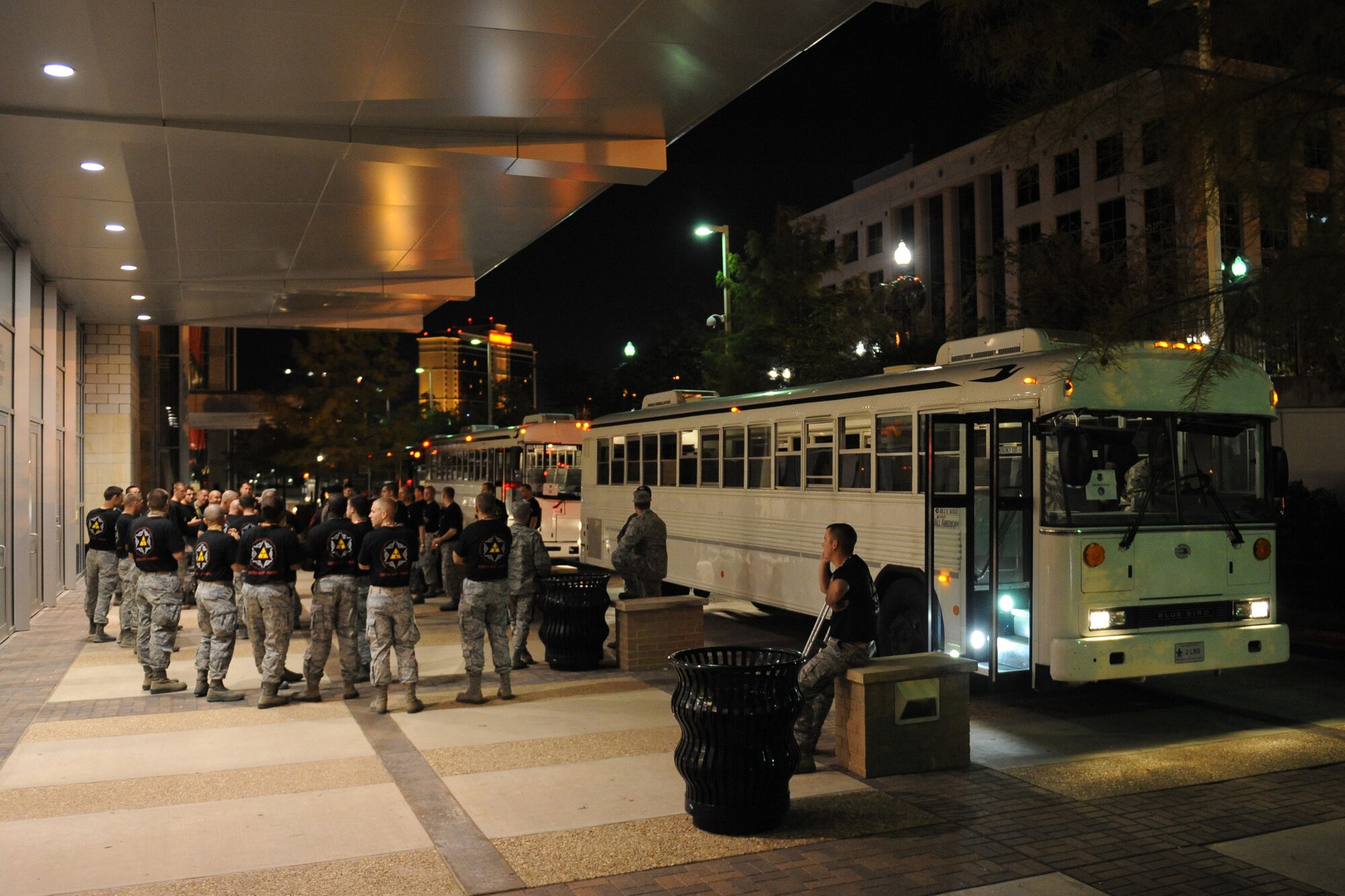 Buses from the 2nd Logistics Readiness Squadron Vehicle Operations Flight wait outside the Shreveport Convention Center during the 2012 Air Force Global Strike Challenge Symposium in Shreveport, La., Nov. 5. Vehicle operators supported the 2012 GSC by transporting Airmen to specific locations including their lodging, the symposium and Hoban Hall for the score posting. (U.S. Air Force photo/Airman 1st Class Benjamin Gonsier)(RELEASED) 
