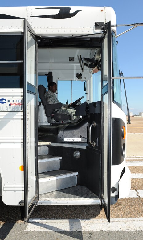 Staff Sgt. Anthony Jones Jr., 2nd Logistics Readiness Squadron Vehicle Operations craftsman, waits to pick up aircrew members before taking them to a B-52H Stratofortress on Barksdale Air Force Base, La., Nov. 6. Vehicle operators transport aircrew members, aircraft parts, distinguished visitors and groups of people touring base. (U.S. Air Force photo/Airman 1st Class Benjamin Gonsier)(RELEASED)