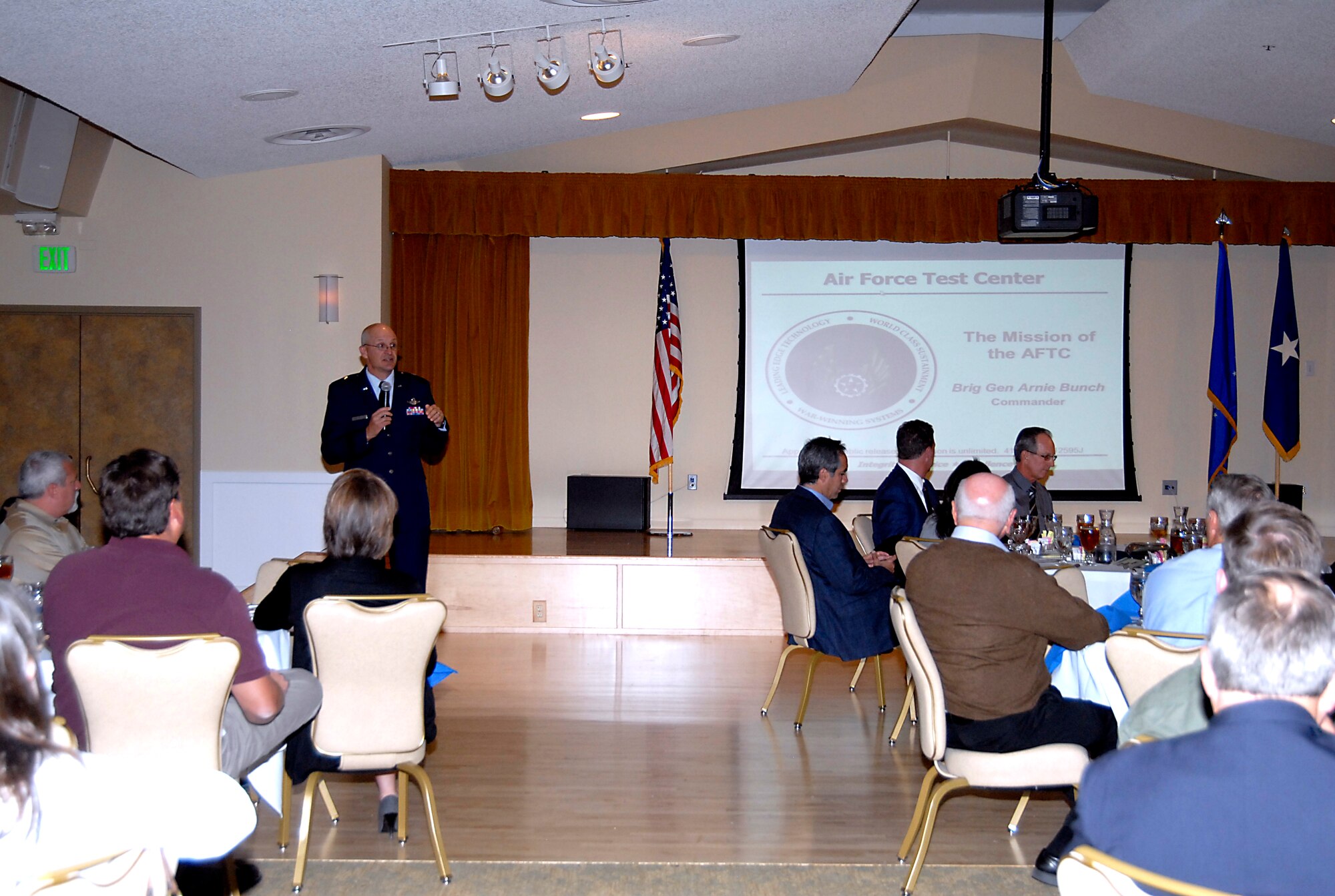 Brig. Gen. Arnold W. Bunch, Air Force Test Center commander, addressed the International Test and Evaluation Association Nov. 6 at a luncheon at Club Muroc. (U.S. Air Force photo by Laura Mowry)
