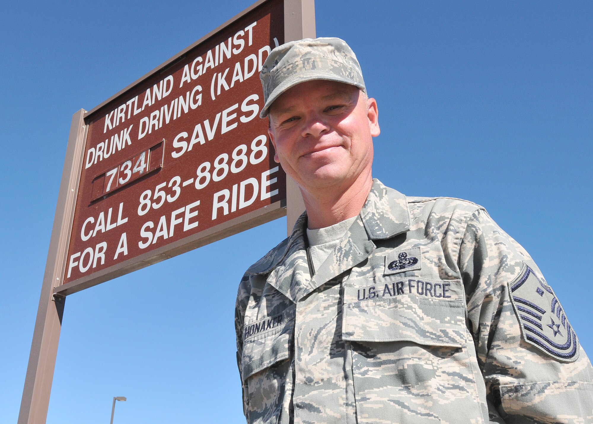 Master Sgt. David Honaker, 377th Maintenance Group first sergeant, is the primary manager of Kirtland Against Drunk Driving. Since 2004, KADD has provided a free ride home for intoxicated military members and civilians assigned to, or performing temporary duty at, Kirtland Air Force Base. The volunteer service operates from 10:30 p.m. to 2:30 a.m. Fridays and Saturdays. (U.S. Air Force photo by Todd Berenger)