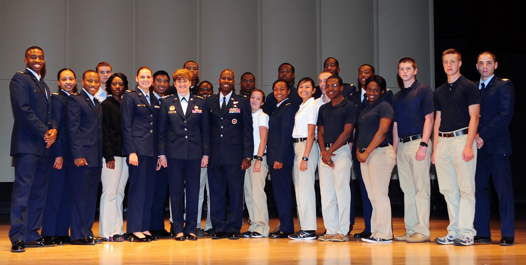 U.S. Air Force Gen. Janet Wolfenbarger, commander of Air Force Materiel Command, and members of Air Force Reserve Officer Training Corps Detachment 607, pose for a photo at Fayetteville State University in Fayetteville, N.C., Nov. 5, 2012. The cadets were in attendance during Wolfenbarger’s speech to gain inspiration from the stories of her experiences as one of the first female cadets to enter the Air Force Academy. Wolfenbarger’s appearance was part of the university’s Chancellor’s Distinguished Speaker Series. (U.S. Air Force photo/Airman 1st Class Aubrey White/Released)