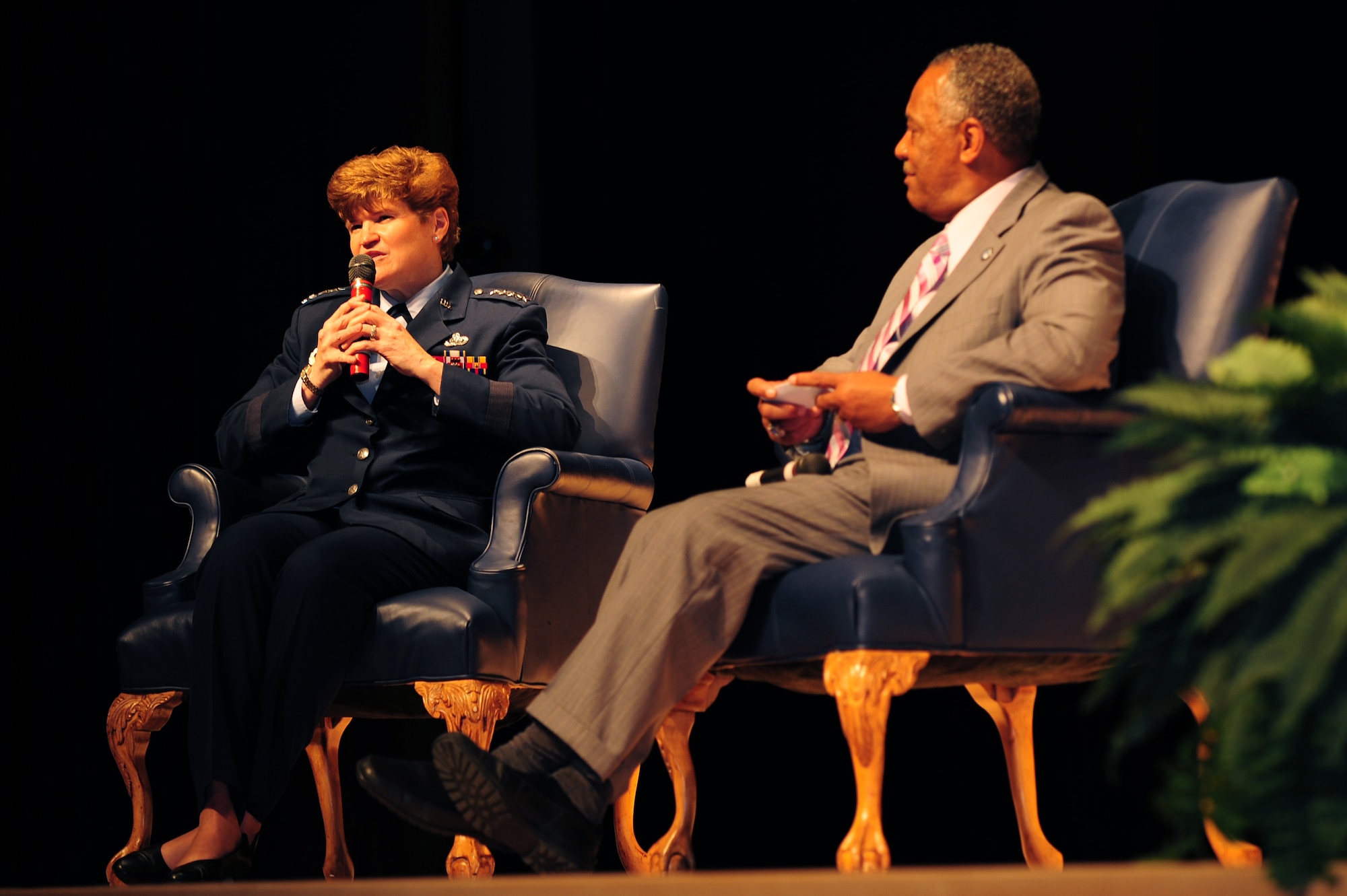 U.S. Air Force Gen. Janet Wolfenbarger, commander of Air Force Materiel Command, answers questions as Dr. James Anderson, Fayetteville State University chancellor, listens in at the Fayetteville University in North Carolina, Nov. 5, 2012. Audience members asked Wolfenbarger questions about her experience at the Air Force Academy, future deployments and minorities in the military as part of the Chancellor’s Distinguished Speaker Series. (U.S. Air Force photo/Airman 1st Class Aubrey White/Released)