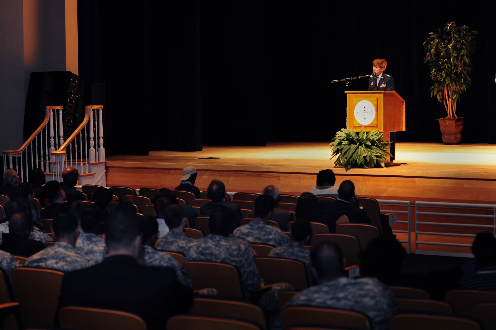 U.S. Air Force Gen. Janet Wolfenbarger, commander of Air Force Materiel Command, speaks to a crowd at Fayetteville State University in Fayetteville, N.C., Nov. 5, 2012, as part of the Chancellor’s Distinguished Speaker Series. Wolfenbarger shared her story about being one of the first female cadets to enter the Air Force Academy to inspire FSU students to reach their goals. (U.S. Air Force photo/Airman 1st Class Aubrey White/Released)