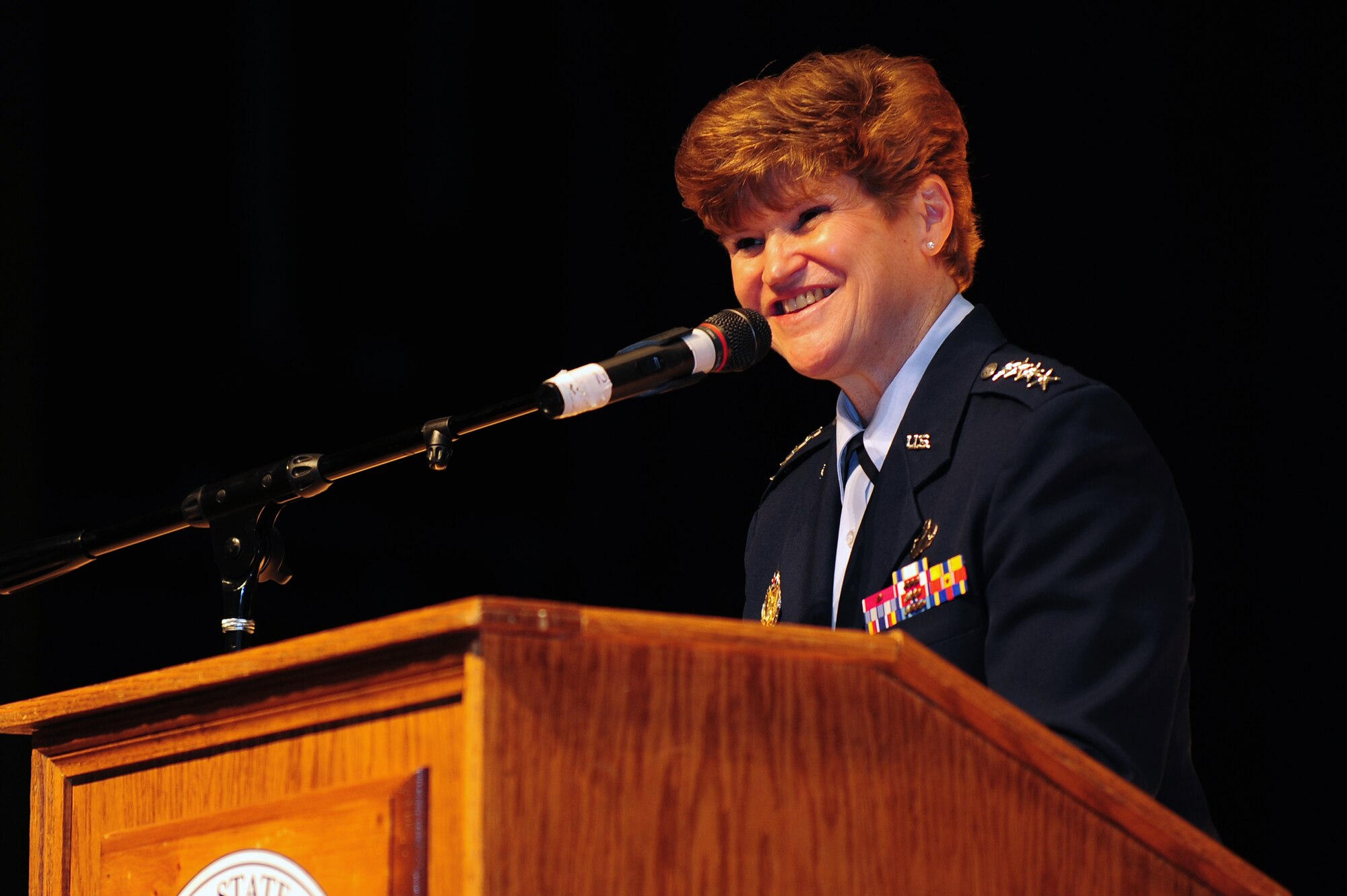 U.S. Air Force Gen. Janet Wolfenbarger, commander of Air Force Materiel Command, speaks to a crowd at Fayetteville State University in Fayetteville, N.C., Nov. 5, 2012, as part of the Chancellor’s Distinguished Speaker Series. Wolfenbarger shared her story about being one of the first female cadets to enter the Air Force Academy to inspire FSU students to reach their goals. (U.S. Air Force photo/Airman 1st Class Aubrey White/Released)