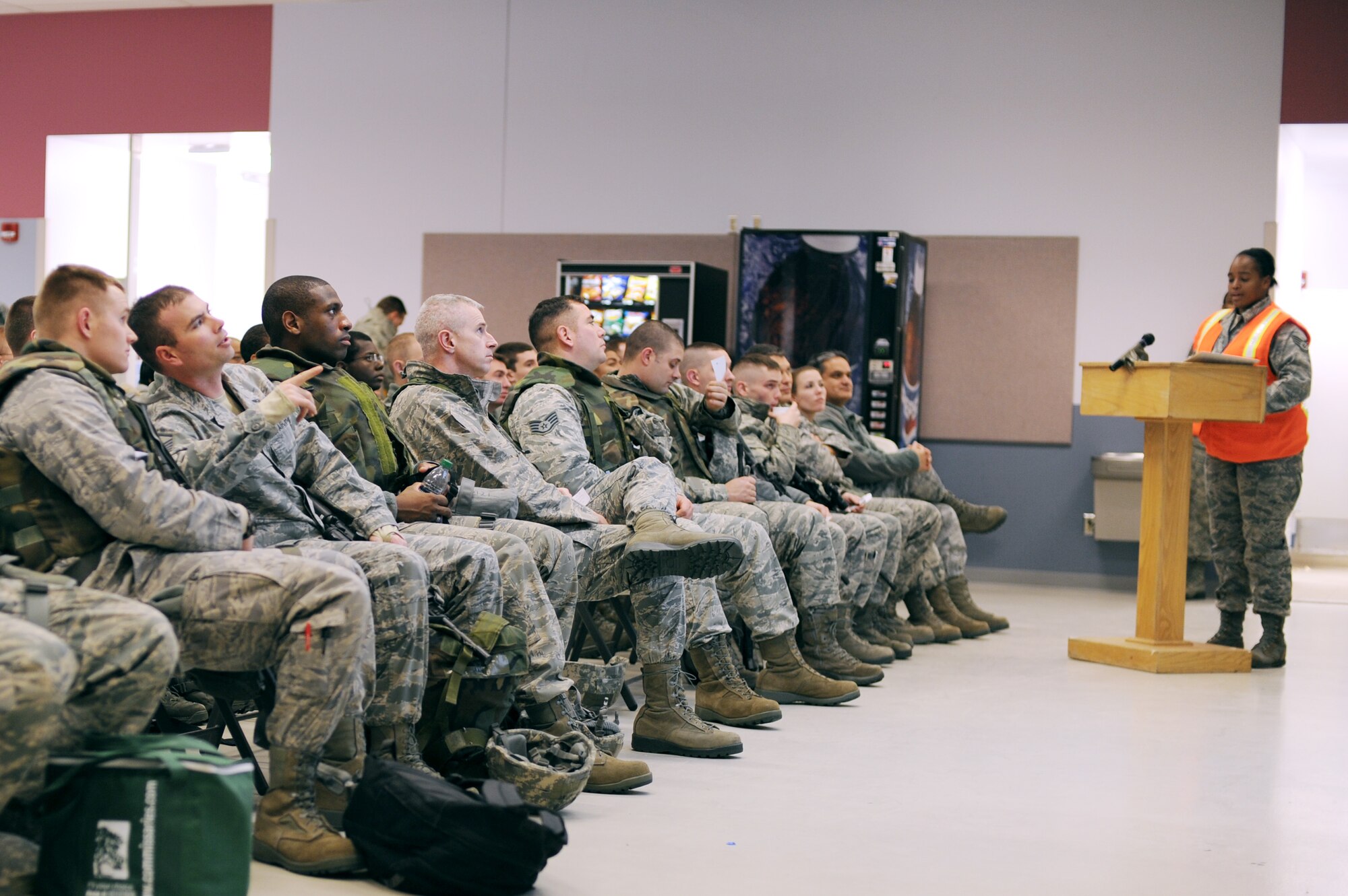 Icemen assigned to the 354th Fighting Wing receive a mock pre-deployment briefing during an operational readiness exercise Nov. 5, 2012, Eielson Air Force Base, Alaska. The ORE tested the wing’s ability to deploy in support of worldwide operations. (U.S. Air Force photo/Staff Sgt. Jim Araos)