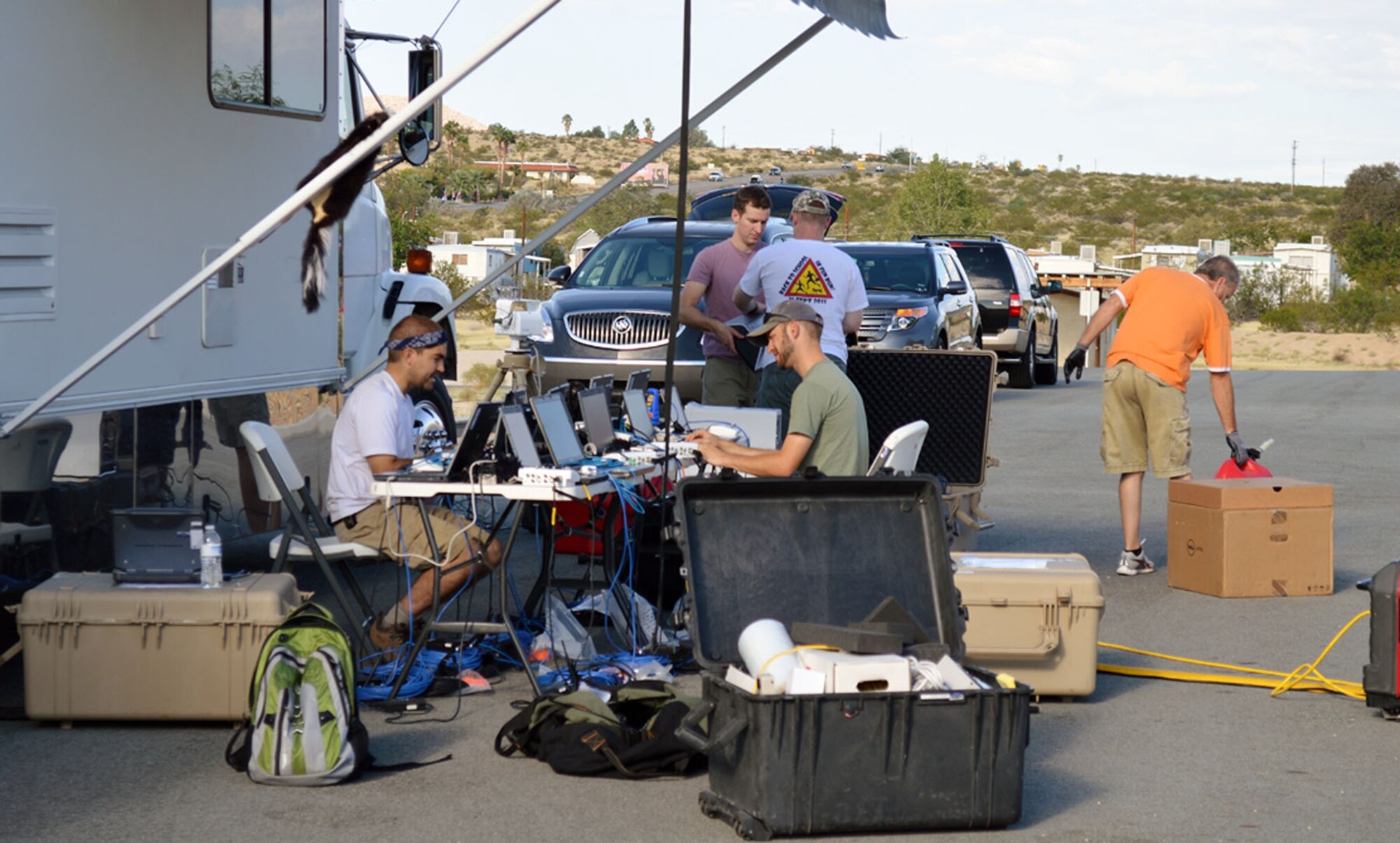 TWENTYNINE PALMS, Calif. – The team from Wright-Patterson Air Force Base ensure their system, DRAGN, is working properly before the final demonstration at the 2012 AFMC Commander’s Challenge Sept. 8. During the competition, two teams design, develop and demonstrate a solution to an urgent warfighter need. (Courtesy photo)
