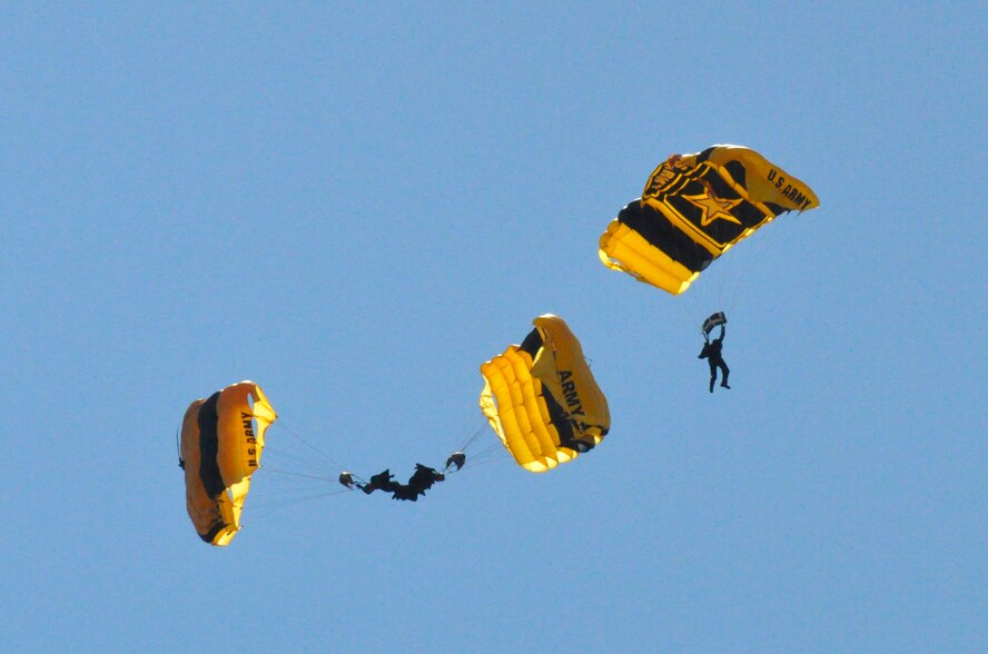 The U.S. Army Golden Knights descend on the grounds of the Wings Over Homestead air show at Homestead Air Reserve Base, Fla., Nov. 4. (U.S. Air Force photo/Ross Tweten)