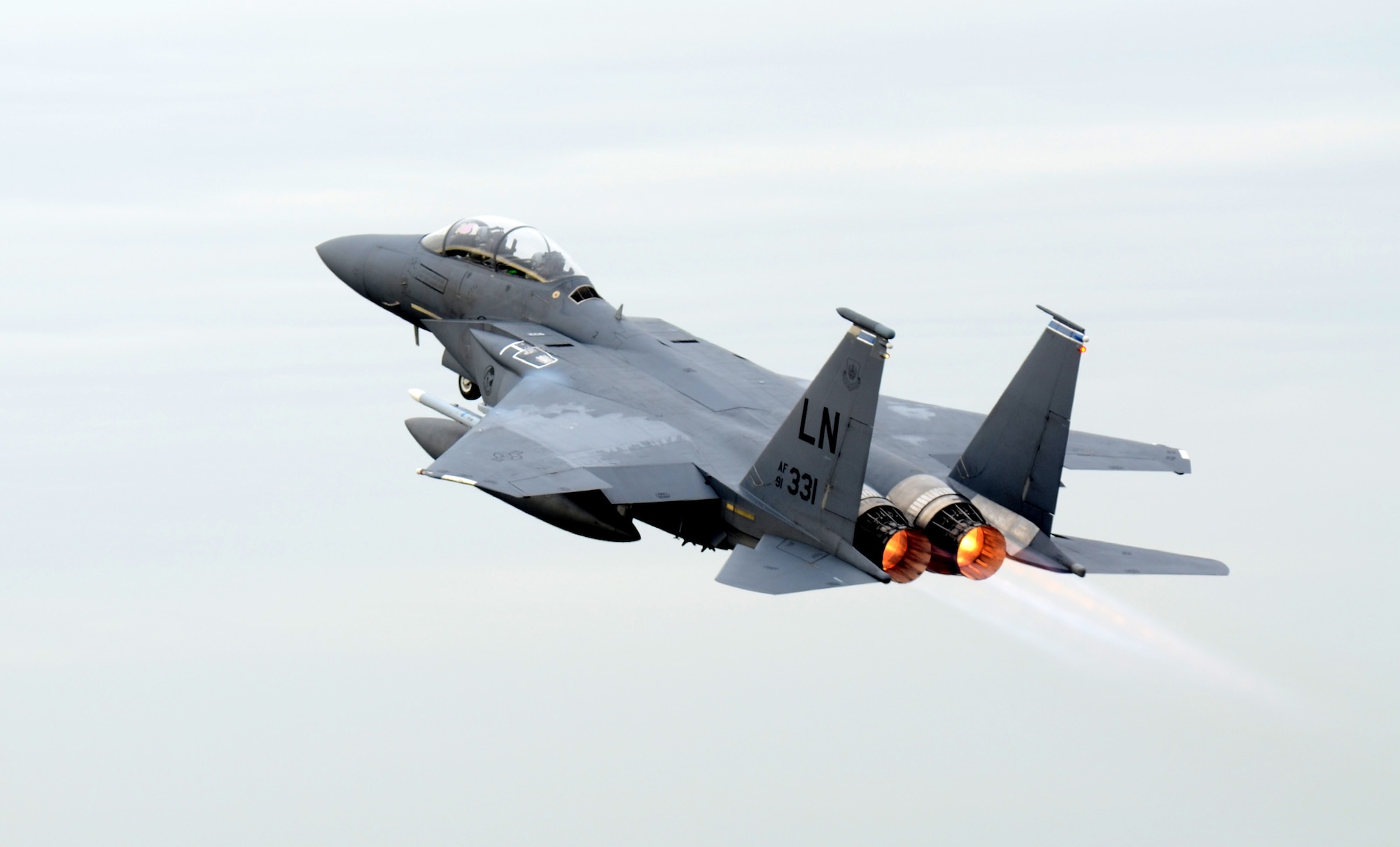 ROYAL AIR FORCE LAKENHEATH, England - An F-15E Strike Eagle from the 492nd Fighter Squadron takes off to support an exercise involving joint terminal air controllers Nov. 6, 2012. The F-15E Strike Eagle is a dual-role fighter designed to perform air-to-air and air-to-ground missions. (U.S. Air Force photo by Staff Sgt. Stephen Linch)