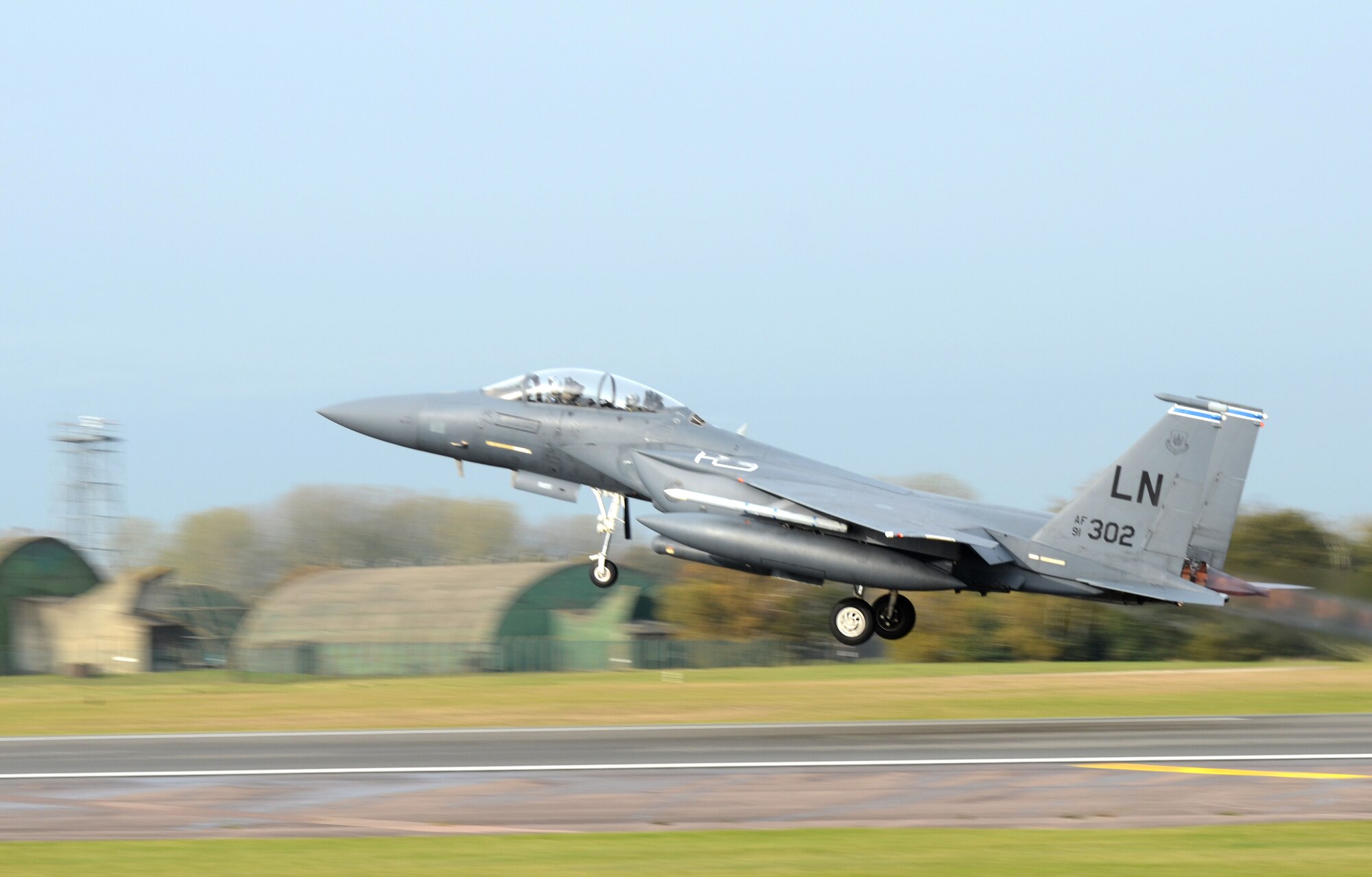ROYAL AIR FORCE LAKENHEATH, England - An F-15E Strike Eagle from the 492nd Fighter Squadron takes off to support an exercise involving joint terminal air controllers Nov. 6, 2012. As the U.S. Air Forces in Europe's only F-15 fighter wing, the Liberty Wing brings unique air combat capabilities to the fight, such as the most advanced Joint Direct Attack Munitions used by the F-15E. (U.S. Air Force photo by Staff Sgt. Stephen Linch)