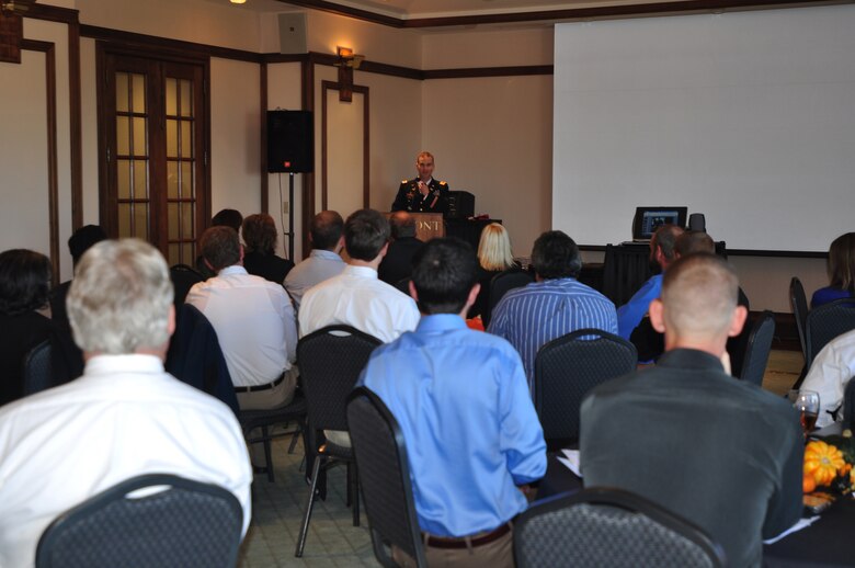 Maj. Patrick Dagon, deputy commander for the Nashville District, speaks to 2012 EAGLE Class during the the Nashville District's 2012 EAGLE Class graduation held on Thursday, Nov. 1, 2012 at the Jack C. Massey Business Center at Belmont University. (USACE photo by Amy Redmond)