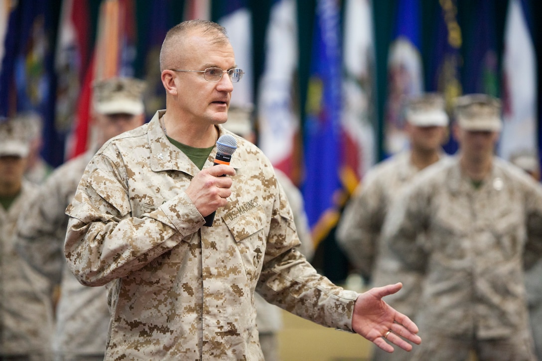 U.S. Marine Corps Colonel Gregg Olson speaks to guests of the Marine Corps Forces Central Command Forward (MARCENT FWD) change of command ceremony aboard Naval Support Activity Bahrain on July 5, 2012. Col. Olson assumed command of MARCENT (FWD) from Brigadier General Brian Beaudreault.