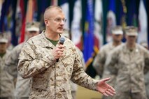 U.S. Marine Corps Colonel Gregg Olson speaks to guests of the Marine Corps Forces Central Command Forward (MARCENT FWD) change of command ceremony aboard Naval Support Activity Bahrain on July 5, 2012. Col. Olson assumed command of MARCENT (FWD) from Brigadier General Brian Beaudreault.