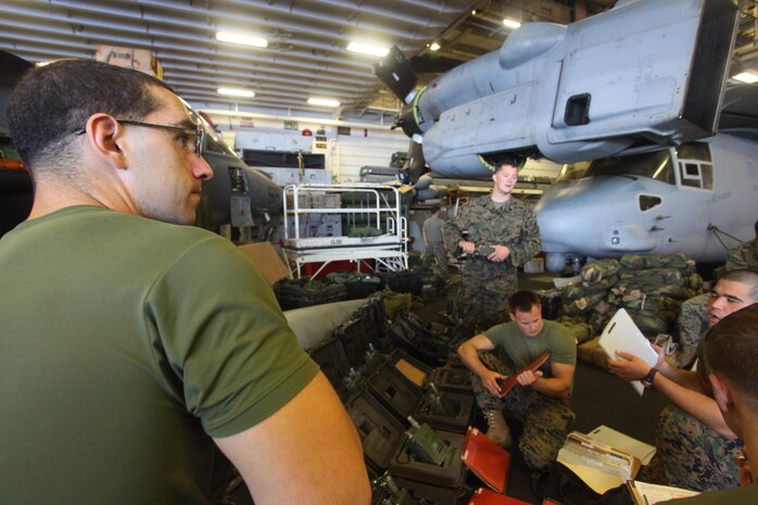 USS IWO JIMA (Nov. 7, 2012) - Marines with Marine Medium Tiltrotor Squadron 261 (Reinforced), 24th Marine Expeditionary Unit, conduct gear accountability inspections aboard the USS Iwo Jima, Nov. 7, 2012, in preparation for their return from an 8-month deployment. The 24th MEU is deployed with the Iwo Jima Amphibious Ready Group and is currently in the 6th Fleet Area of Responsibility as a disaster relief and crisis response force. Since deploying in March, they have supported a variety of missions in the U.S. Central and European Commands, assisted the Navy in safeguarding sea lanes, and conducted various bilateral and unilateral training events in several countries in the Middle East and Africa. The 24th MEU is scheduled to return to their home bases in North Carolina later this year. (U.S. Marine Corps photo by Lance Cpl. Tucker S. Wolf/Released)