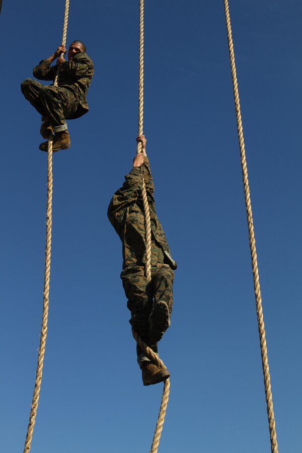 Recruits of Company H, 2nd Recruit Training Battalion, climb up the rope during the obstacle course aboard Marine Corps Recruit Depot San Diego Nov. 1. The 20-foot rope was the last portion of the obstacle course recruits had to endure after completing the course twice.