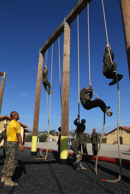 Recruits of Company H, 2nd Recruit Training Battalion, climb up the rope during the obstacle course aboard Marine Corps Recruit Depot San Diego Nov. 1. The 20-foot rope was the last portion of the obstacle course recruits had to endure after completing the course twice.