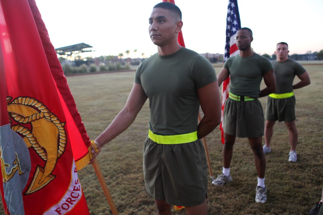 Marines stationed at Marine Corps Support Facility New Orleans get ready to take off on a motivational run in New Orleans Nov. 7, 2012. This event marked the first time the Marines have done a commander-led motivational run at the MARCORSPTFAC since the Marines officially moved there June 27, 2011. The run was also to commemorate the Marines’ 237th birthday. (U.S. Marine Corps photo by Sgt. Ray Lewis/Released)