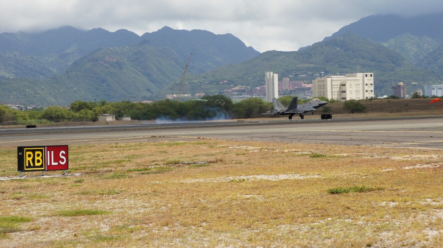 F-22 Raptor returns from a training mission at Joint Base Pearl Harbor Hickam.