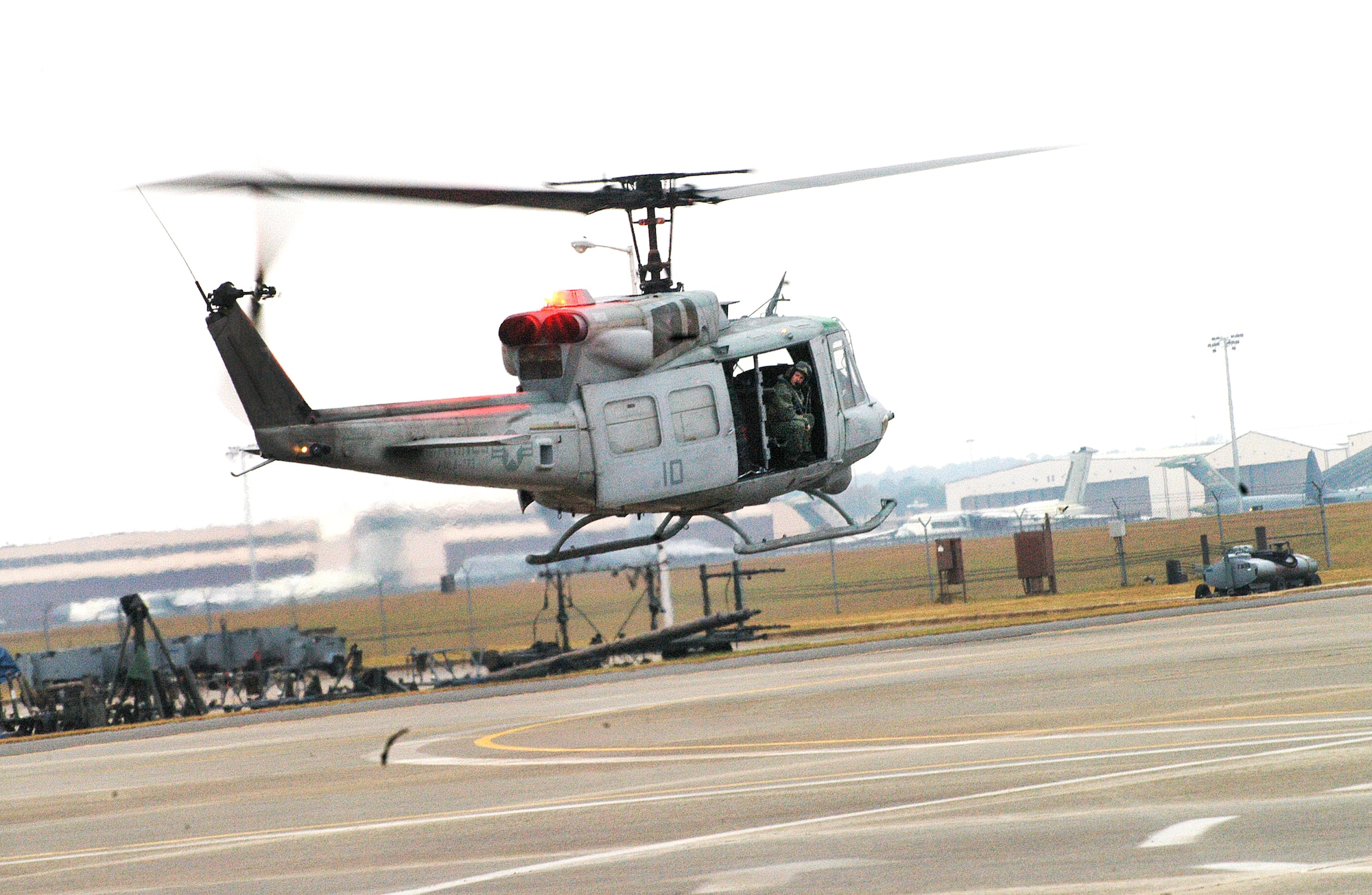 Ten Marines from Robins in 2 UH-1N Huey helicopters left Tuesday to help support Hurricane Sandy relief efforts. (U. S. Air Force photo/Sue Sapp)