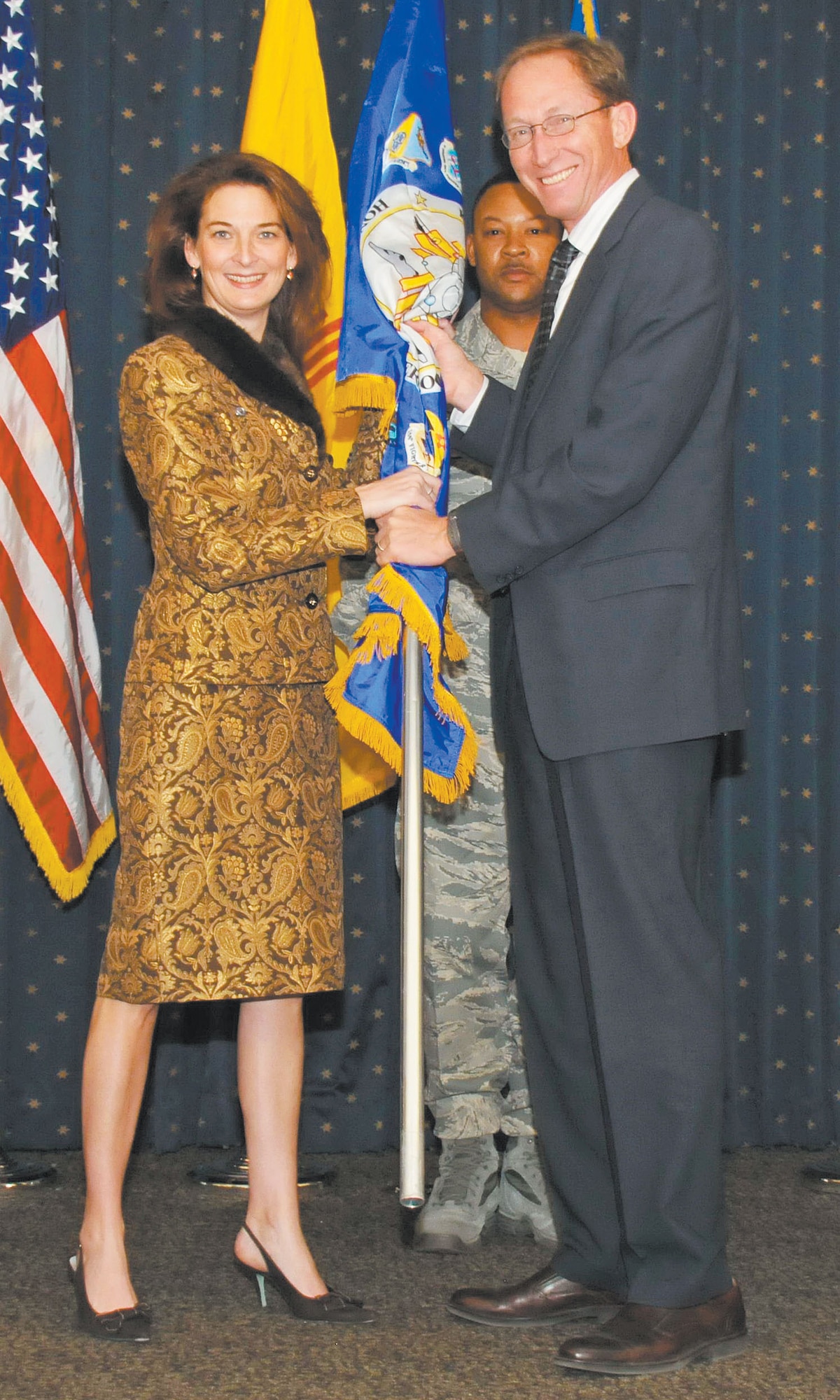 KIRTLAND AFB, N.M. – Team Kirtland held its annual Honorary Commanders Assumption of Command Ceremony Nov. 1 at the Mountain View Club. James Rubeor, Air Force Safety Center executive director, right, and Marla Wood, ARCA business enterprise director. (Photo by Ken Moore)