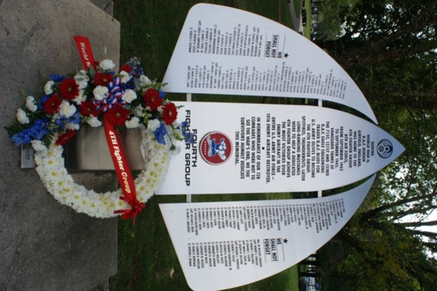 Members of the Association of the 4th Fighter Group World War II celebrated the 70th anniversary of the transfer of the three Eagle Squadrons from the Royal Air Force to the U.S. Army Air Forces at Wright-Patterson Air Force Base, Ohio, Sept. 29, 2012. After a memorial service honoring the 128 men of the 4th Fighter Group who lost their lives in World War II, a wreath was placed at the 4th Fighter Group Memorial, located in Memorial Park on the grounds of the Museum of the U.S. Air Force. (Photo courtesy of Mark Richie)