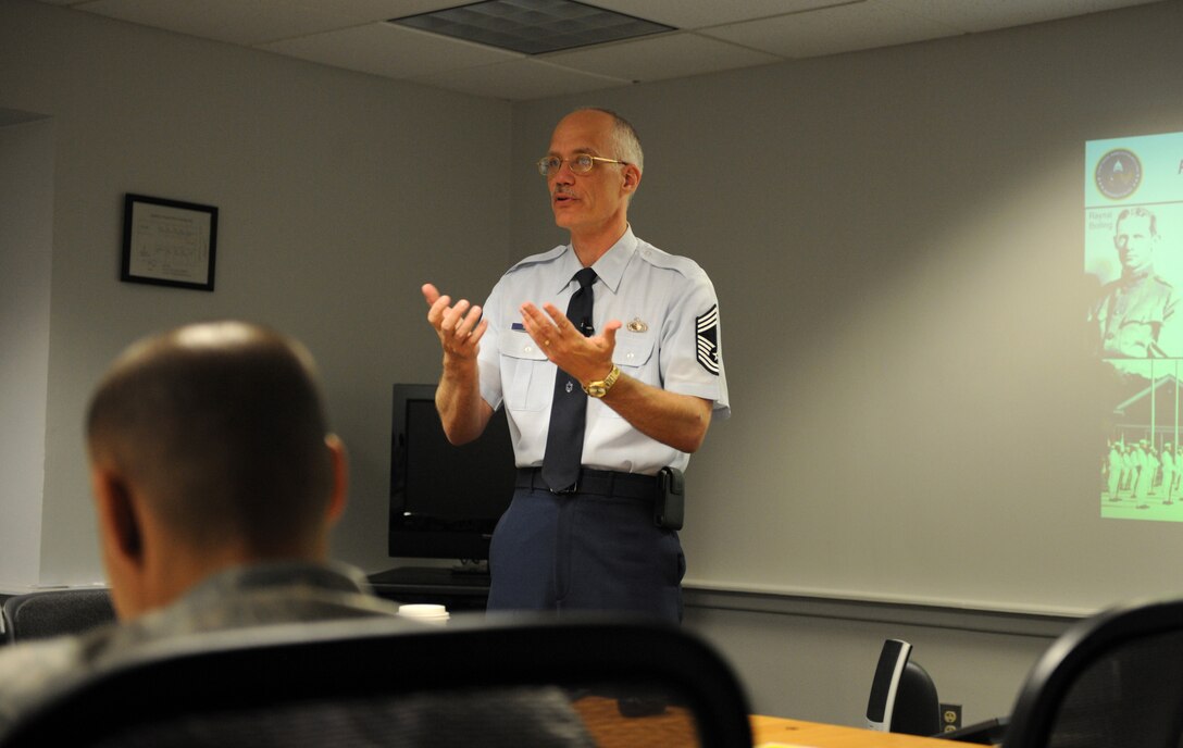 Chief Master Sgt. Richard Simonsen works as the senior enlisted leader at Joint Base Anacostia- Bolling in Washington D.C. Simonsen speaks to Airmen about his daily struggle with Post Traumatic Stress Disorder (PTSD) and how to seek help. (U.S. Air Force photo/Senior Airman Christina Brownlow)