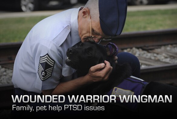 Chief Master Sgt. Richard Simonsen hugs his service dog, Yoko, while on a
walk. Simonsen lives with Post Traumatic Stress Disorder (PTSD), a condition
he endured on a deployment to Afghanistan and the service dog helps him with
his daily activities. PTSD can occur after one has been through a traumatic
event. (U.S. Air Force photo/SrA Christina Brownlow)