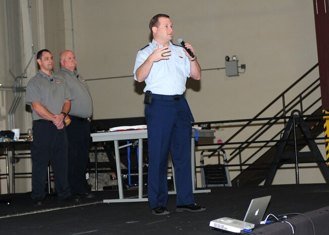 Col. Phil Stewart addresses Team Beale during a Street Smart briefing at Dock five Beale Air Force Base, Calif., Nov. 5, 2012. The briefing explained the importance of being safe while operating a motor vehicle. (U.S. Air Force photo by Senior Airman Allen Pollard/Released)