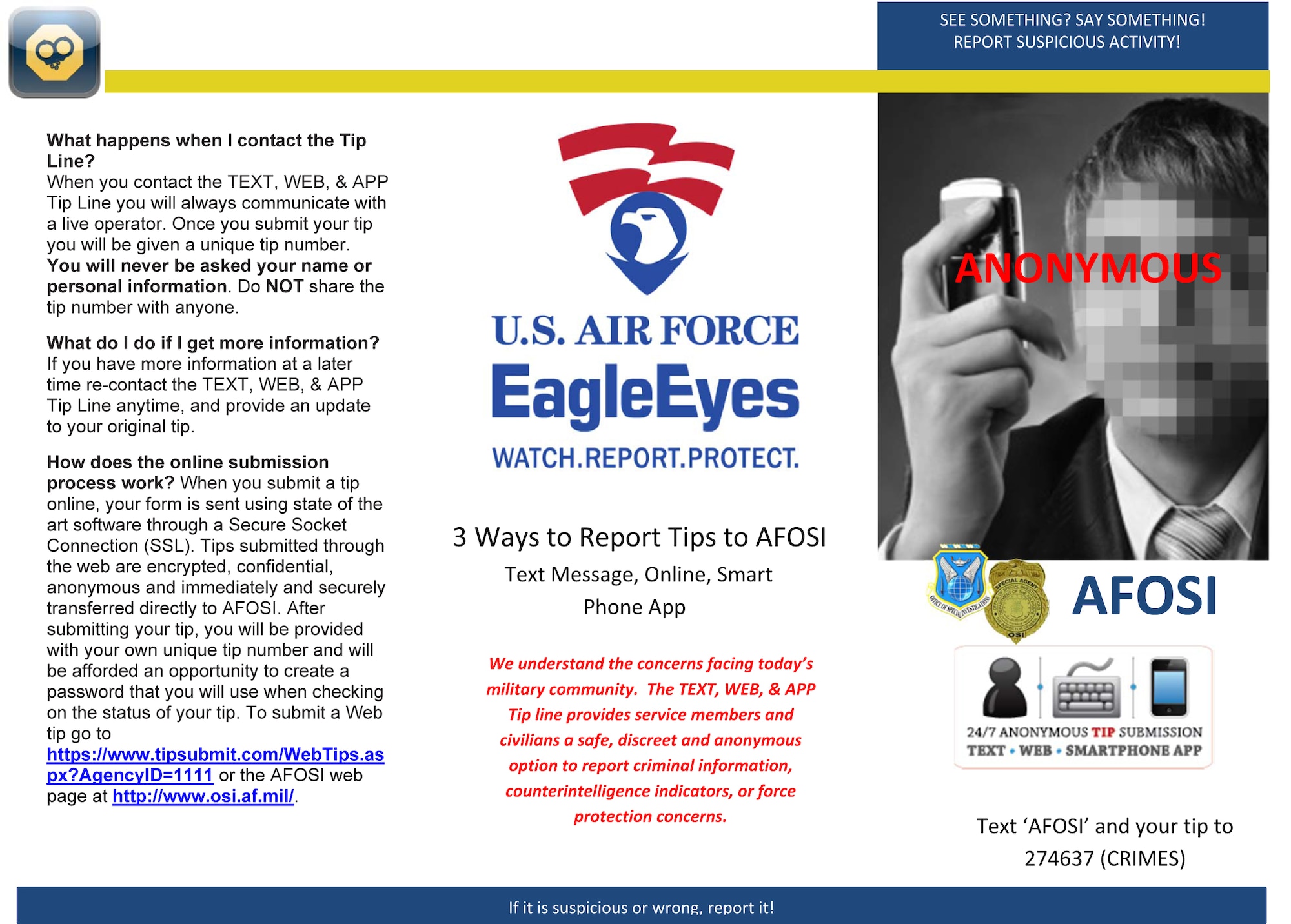 The Air Force Office of Special Investigations has a new, anonymous tip line.
