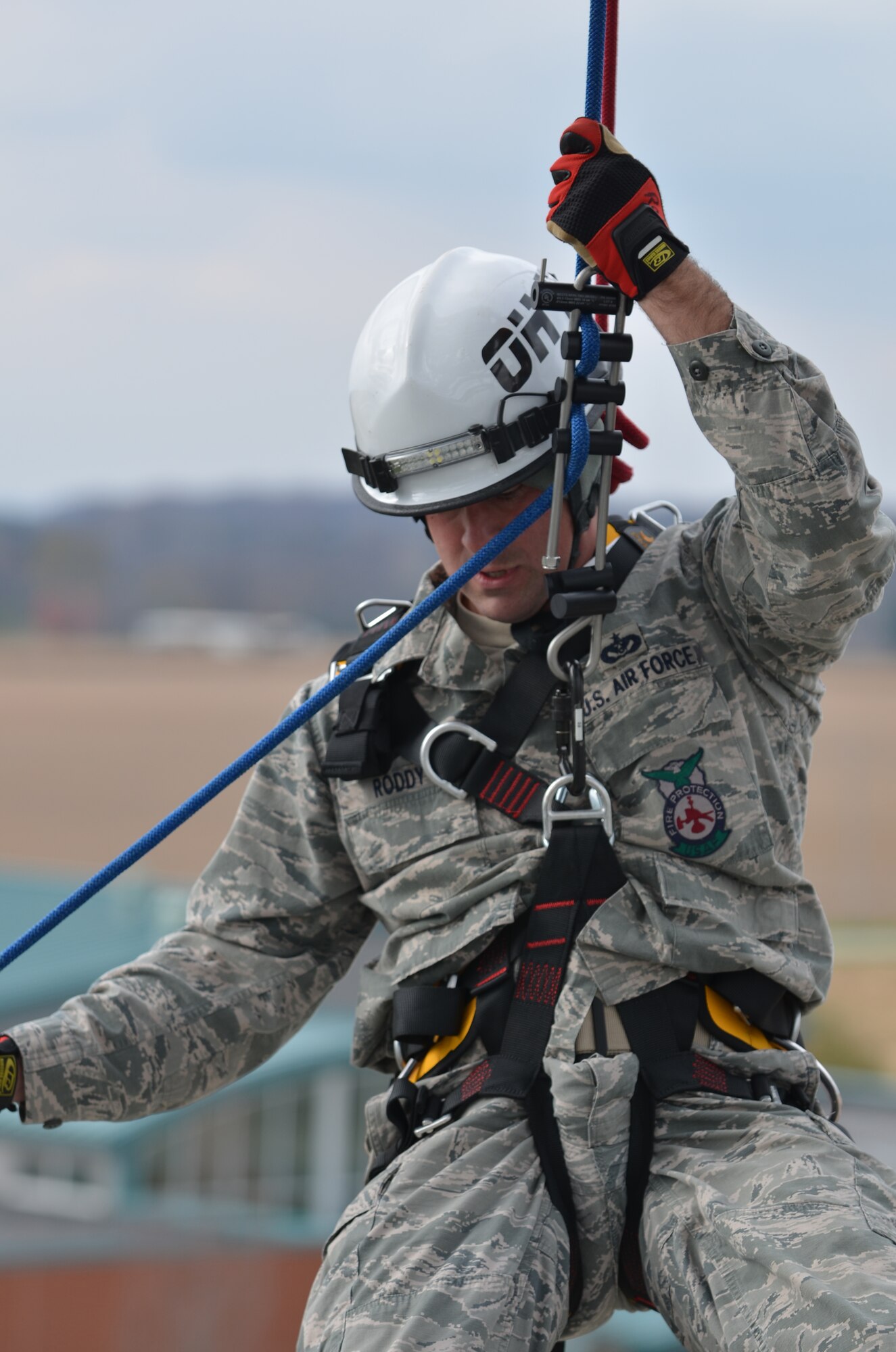 Tech. Sgt. Eric Roddy performs high angle rope rescue training at the Springfield Air National Guard Base, Springfield, Ohio, Nov. 4.