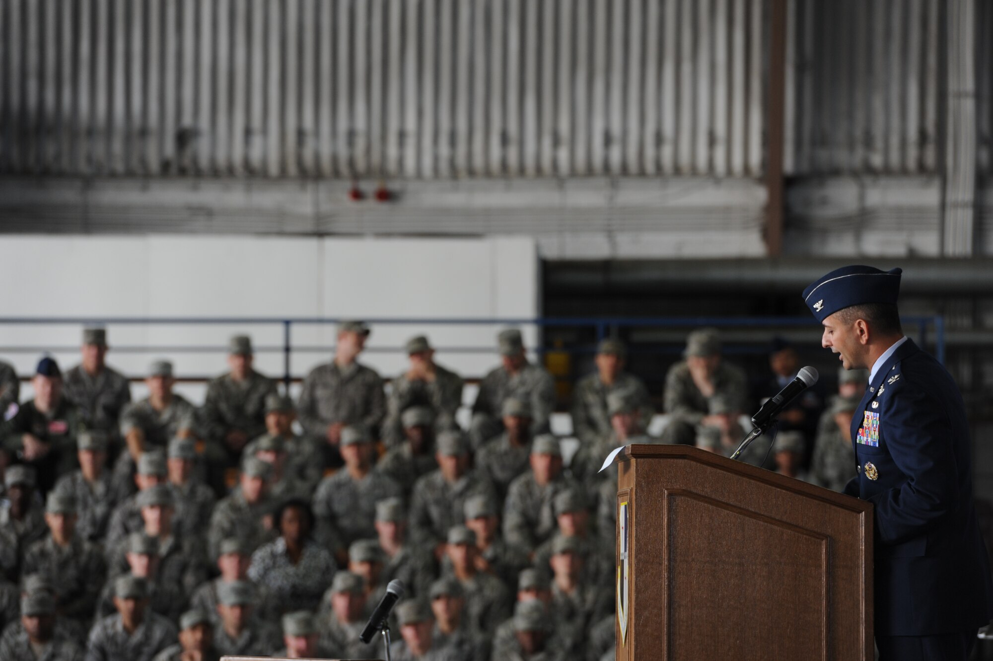 SPANGDAHLEM AIR BASE, Germany – U.S. Air Force Col. Dave Julazadeh, 52nd Fighter Wing commander from Peoria, Ill., speaks to the Saber community during the 52nd FW change of command ceremony July 3, 2012. (U.S. Air Force photo by Senior Airman Natasha Stannard/Released)