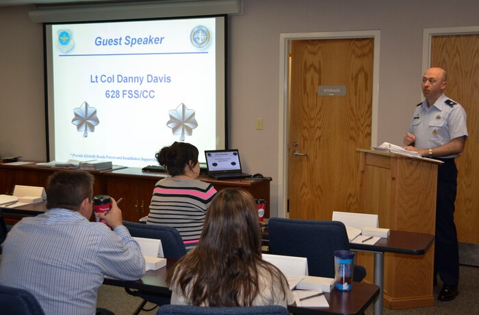 Lt. Col. Danny Davis, 628th Force Support Squadron commander, gives opening remarks during the Transition Assistance Program Veterans Opportunity to Work Workshop Nov. 5, 2012 at the Airman and Family Readiness Center at Joint Base Charleston – Air Base, S.C. The new TAP VOW Workshop, a VOW Act requirement, will supersede the old four-day, non-mandatory TAP Workshop. Implementation began Nov. 5, 2012 at the Air Base and will begin Dec. 3, 2012 at the Weapons Station. (U.S. Air Force photo/Staff Sgt. Anthony Hyatt)