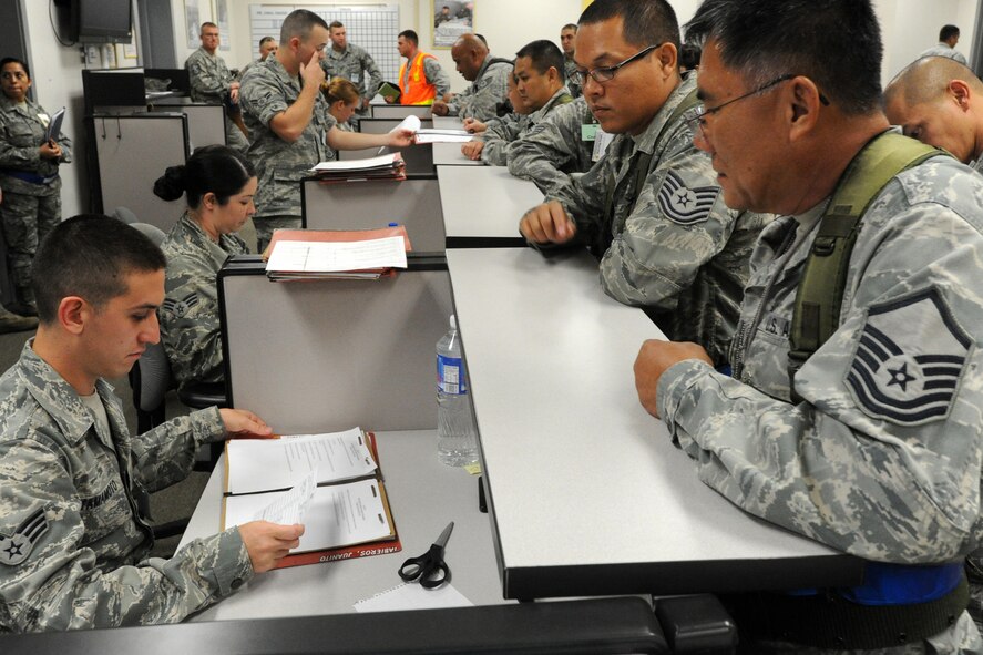 Airmen from the Hawaii Air National Guard process through a personnel deployment function line Nov. 7 during an exercise at Joint Base Pearl Harbor-Hickam, Hawaii. The PDF line tests the ability of Airmen to be medically, legally, administratively, spiritually, and financially ready to deploy, as well as the functionality of the processes in place with which to deploy them. (U.S. Air Force photo by Staff Sgt. Nathan Allen)