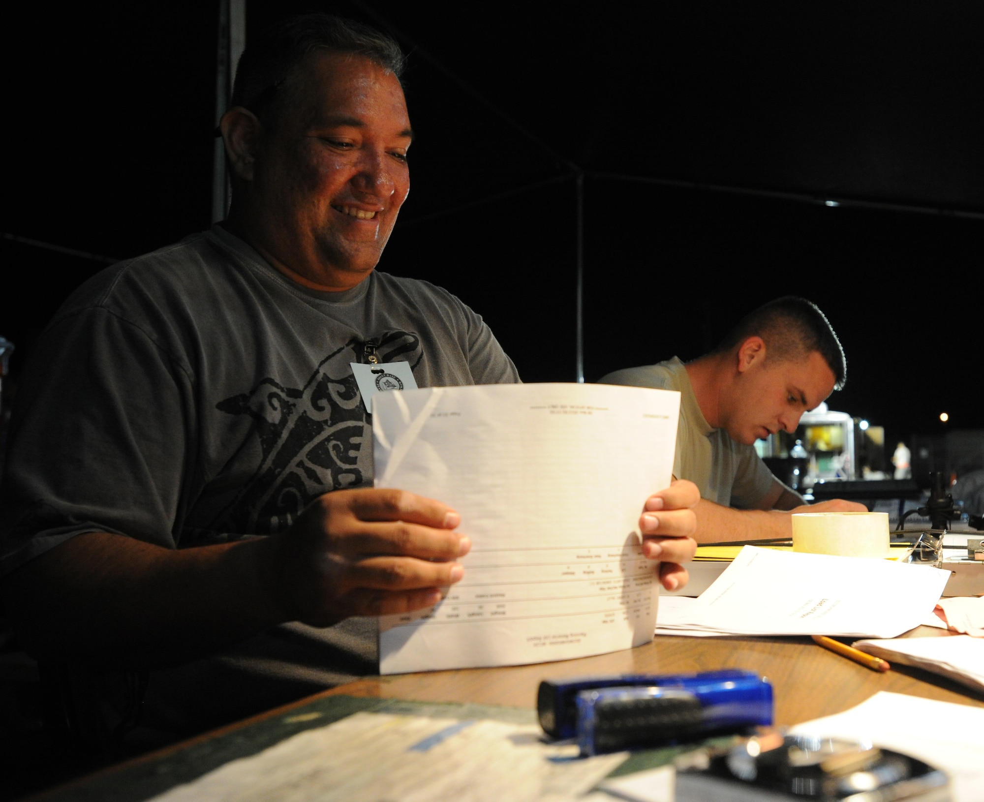 John Gorman, 647th Logistics Readiness Squadron cargo in-checker, and Senior Airman Sean Cyphert, 647th LRS hazardous material inspector, review paperwork for forward-deploying cargo Nov. 7 during an exercise at Joint Base Pearl Harbor-Hickam, Hawaii. During the exercise, Hickam Airmen were tested on their ability  to be medically, legally, administratively, spiritually, and financially ready to deploy, as well as the functionality of the processes in place with which to deploy them. (U.S. Air Force photo by Staff Sgt. Nathan Allen)