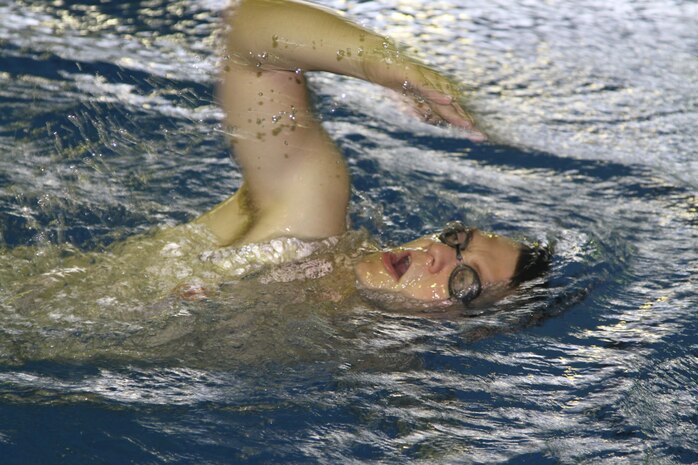 A participant of the Birthday Swim completes laps at IronWorks Gym here Nov. 1, 2012. The Birthday Swim is an annual event and adds one lap every year to honor the Marine Corps birthday. The event originated at Marine Corps Air Station Cherry Point, N.C., but was brought to Iwakuni in 2008 by Stephanie Brown, Marine Corps Community Services aquatics manager, and has become an annual event ever since. 